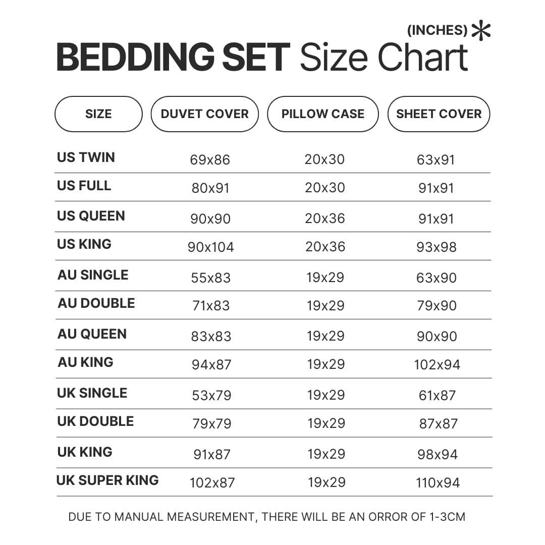 Beding Set Size Chart - Gurren Lagann Merch